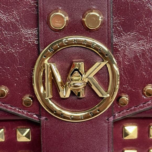 MICHAEL KORS Greenwich Studded Leather Shoulder Bag Burgundy Dark Berry - Picture 3 of 13